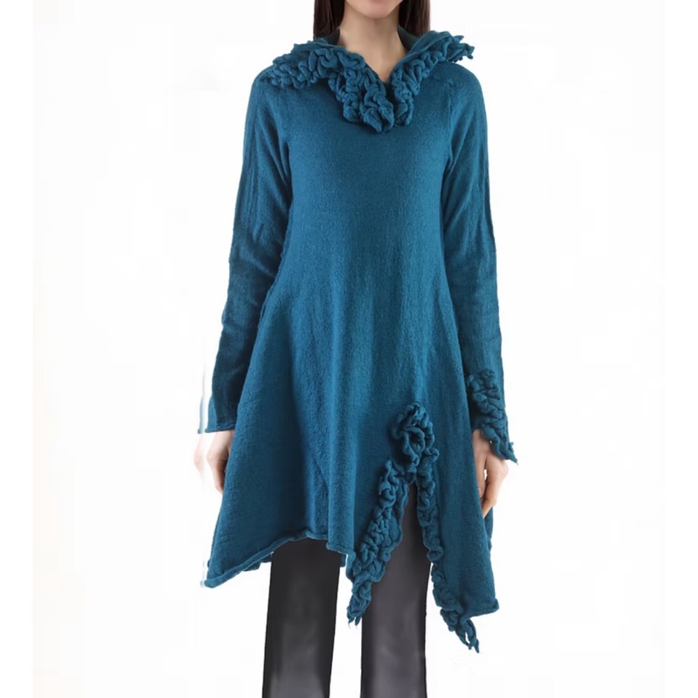Rundholz Elegant Artistic Teal Blue Women's Wool Dress